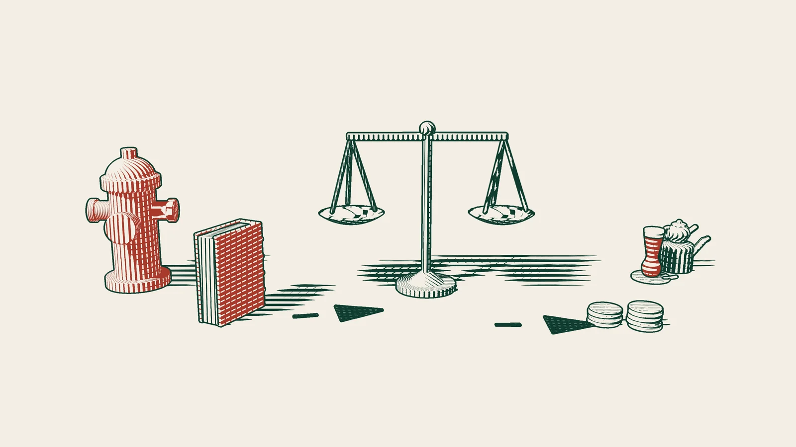 Engraving: a red fire hydrant beside a red-bound judgment book, with arrowed paths leading to scales and then to towers of coins, and a Turkish tea set behind.