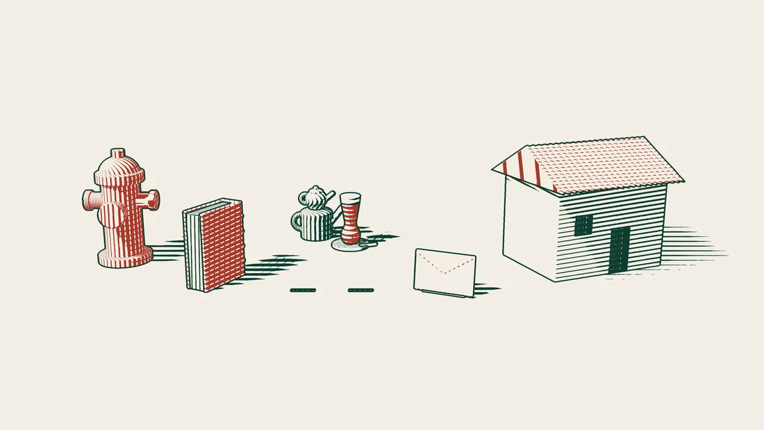 A red-bound judgment book beside a red fire hydrant, and an envelope stopped halfway along the path to a house, short of the door.