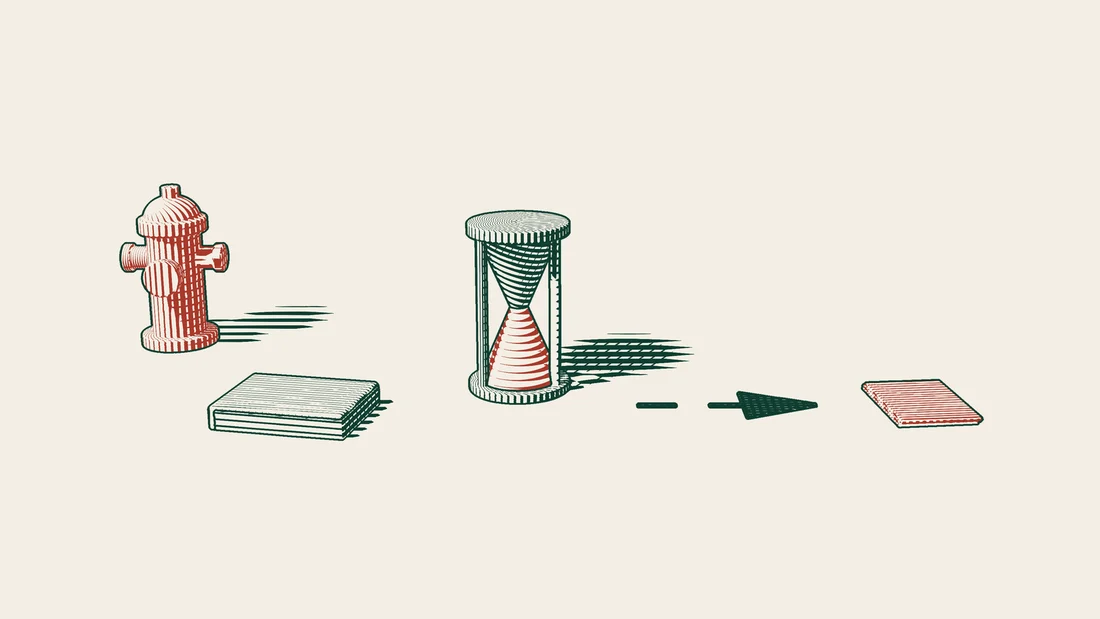 A red fire hydrant, a closed book and an hourglass with its sand run out, with a dashed arrow leading to a red stack of blank papers.