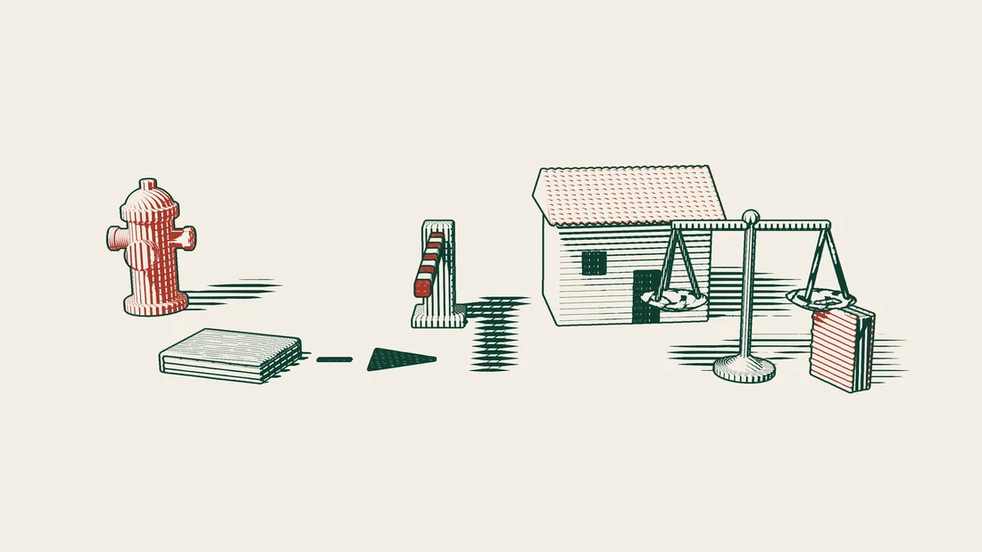A red fire hydrant and a closed book with a dashed arrow stopping at a red and white barrier, beyond which stand a house, scales and a red-bound book.