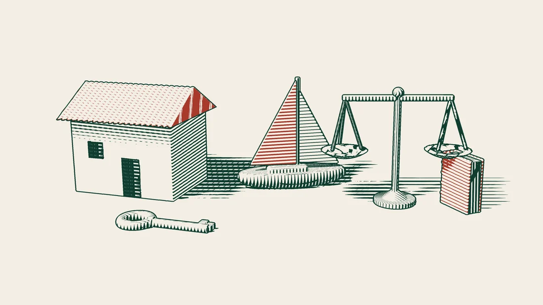 A tiled-roof villa with a sailing yacht and a brass key beside it, and a pair of scales and a red-bound book in front.
