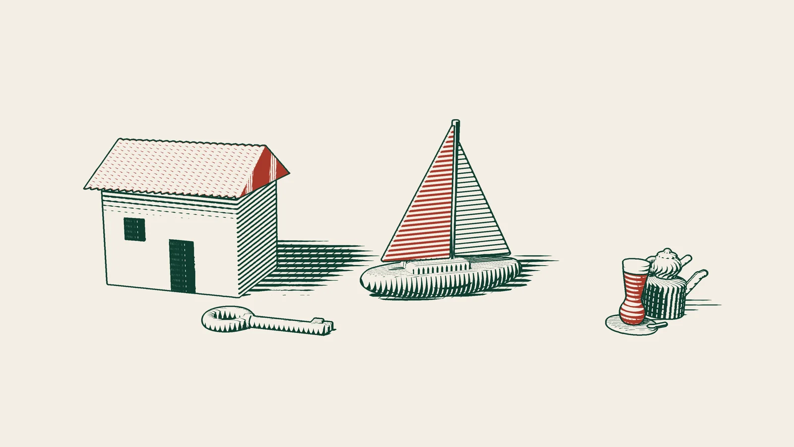 Engraving: a tiled-roof villa with a sailing yacht and a brass key in front of it, and a Turkish tea set beside them.