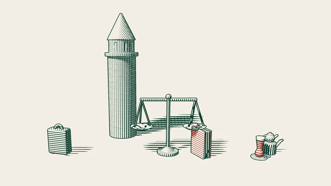The Galata Tower with its conical roof, and in front of it a pair of scales, a red-bound book and a suitcase.
