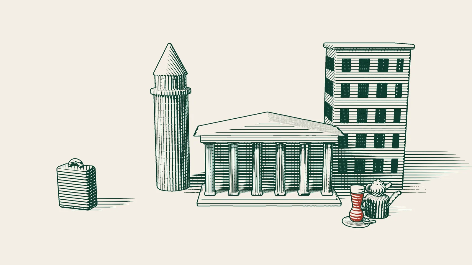 Engraving: a suitcase, a stone tower with a conical cap, a columned public building and office towers, with a Turkish tea set in front.
