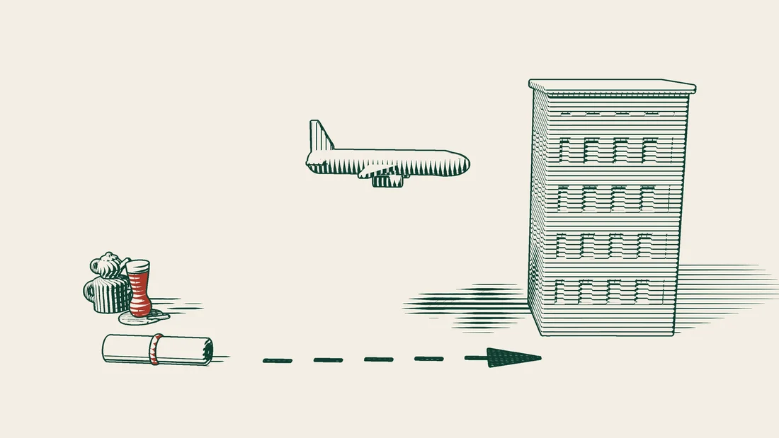 A plane carrying a ribboned power of attorney flies along an arrowed path towards an office building, with a Turkish tea set nearby.