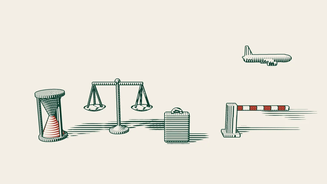 An hourglass, a balance and a suitcase stand before a lowered barrier arm, with an aeroplane in the distance.