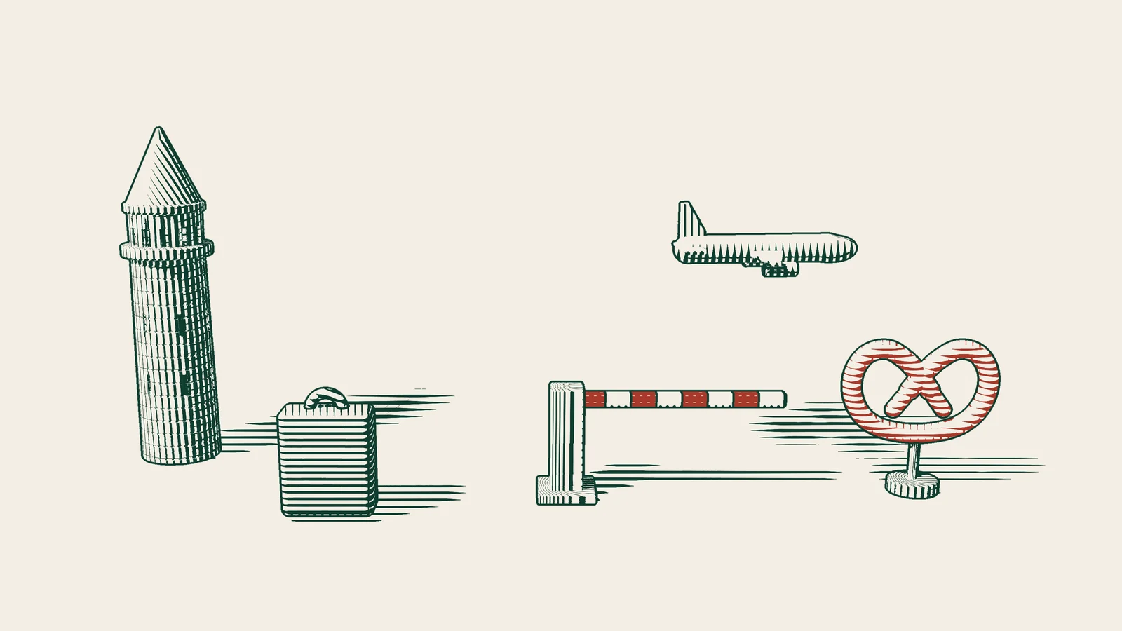 Engraving: an Istanbul stone tower, a waiting suitcase and a lowered barrier arm, with an aeroplane and a red pretzel beyond the barrier.