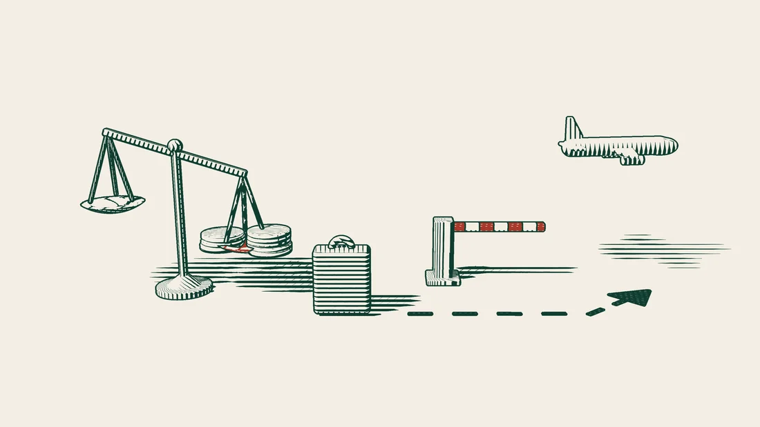 Stacks of coins in one pan of a balance, a suitcase beside a barrier and a dashed path running past the barrier towards an aeroplane.