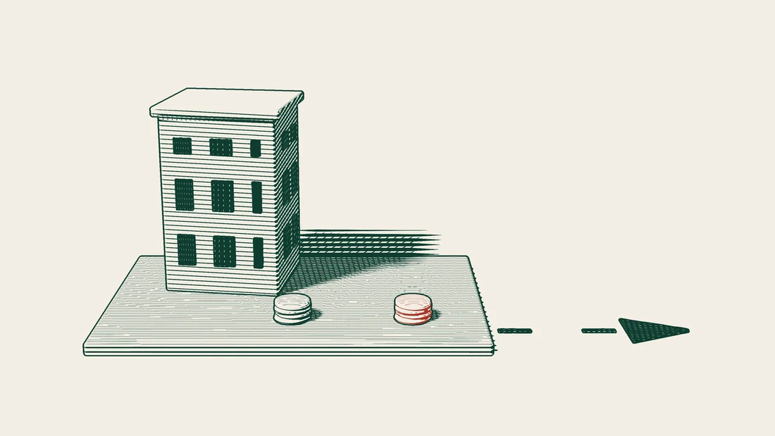 Two equal stacks of coins stand beside a company building on shared ground, one red and pushed off it along an arrowed path.