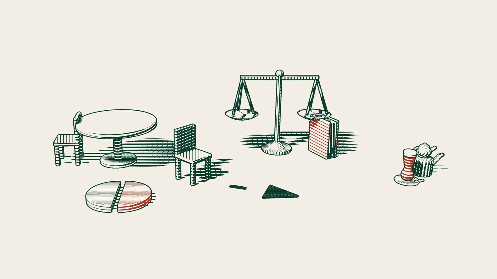 Engraving: a company table with one chair in place and the other pushed off along an arrowed path, beside a split disc, scales and a red-bound book.