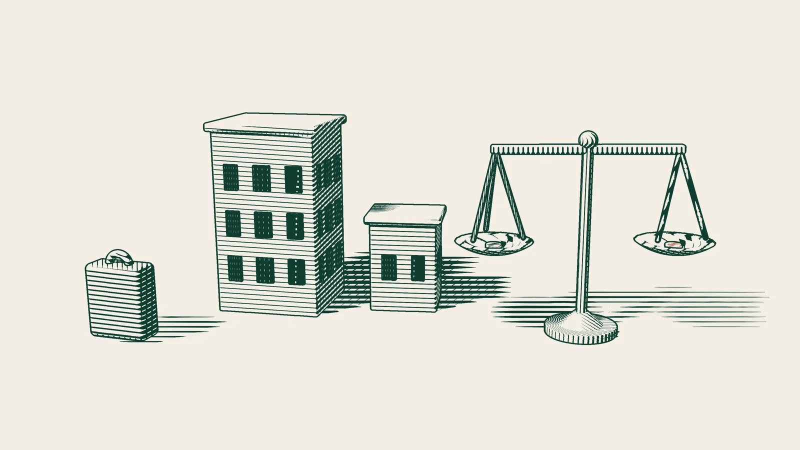 Engraving: a suitcase beside a large company building and a small branch building, with a scale holding green money and red money in front.