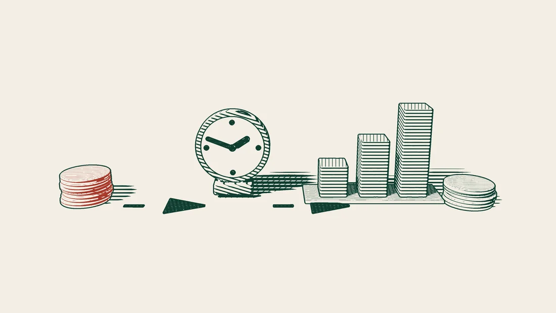 A dashed path runs from a stack of red coins to a clock without numbers, then to rising bars, and ends at a stack of dark coins.