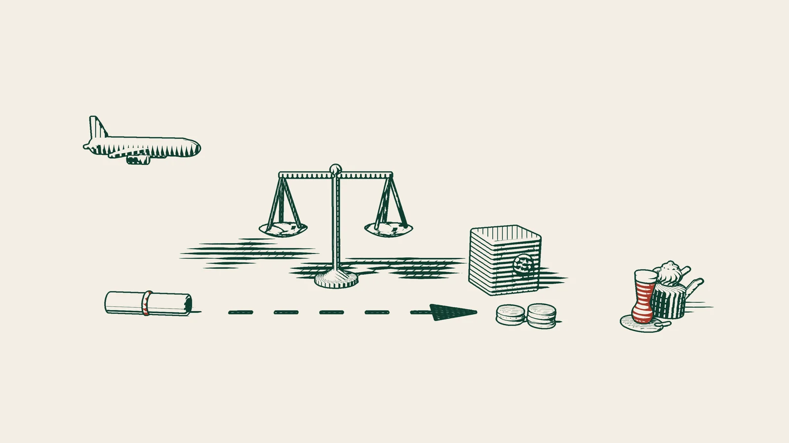 Engraving: a ribboned judgment file arrives by aeroplane, and an arrowed path runs past a scale to a safe and stacks of coins, beside a Turkish tea set.