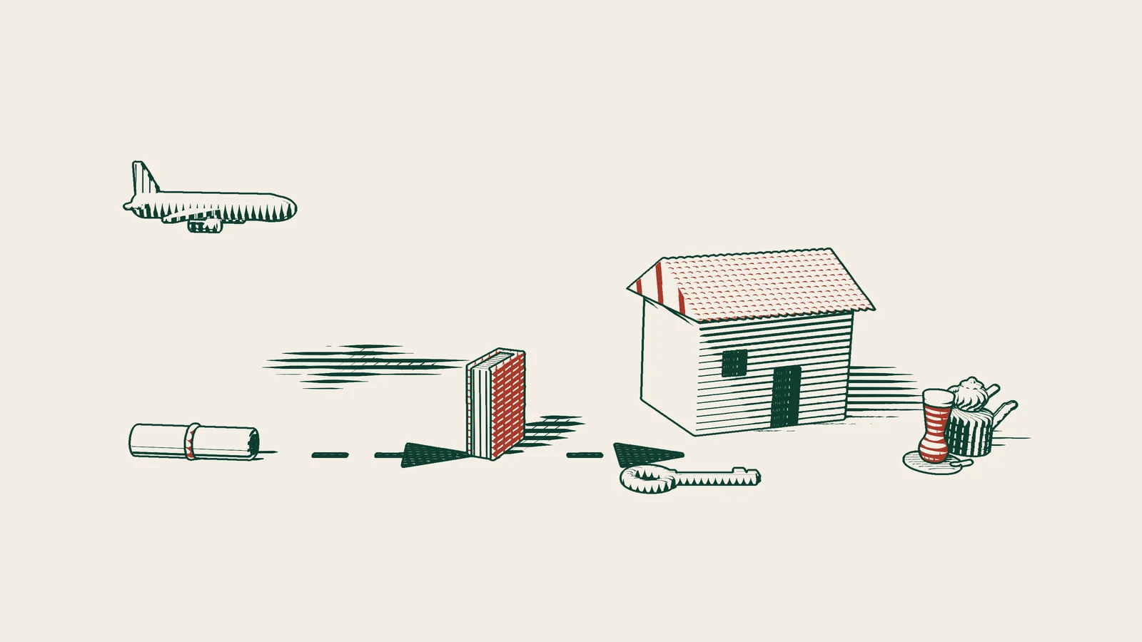 Engraving: a ribboned foreign succession document arrives by aeroplane, its arrowed path passing a red-bound register to a key and a house, beside a Turkish tea set.