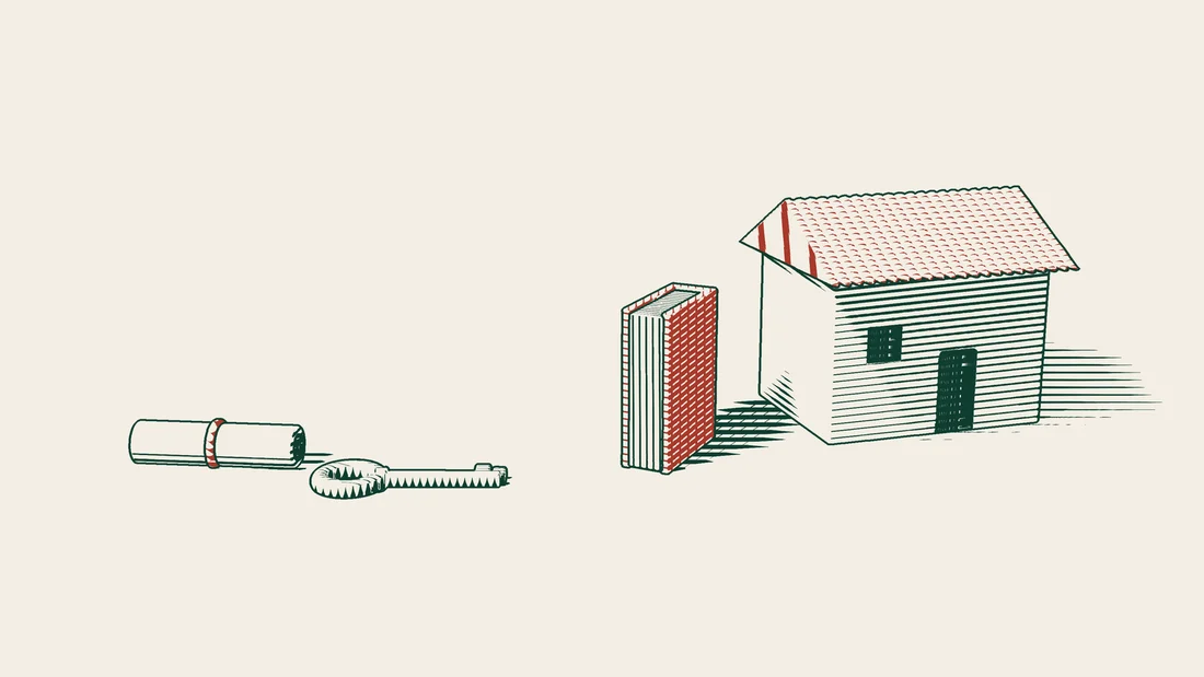 A ribboned document in front, with a red-bound register standing between a key and a house.