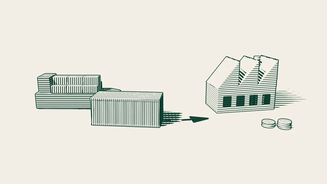 An arrowed path runs from a cargo ship to a container and on to a factory, with stacks of coins beside the factory.