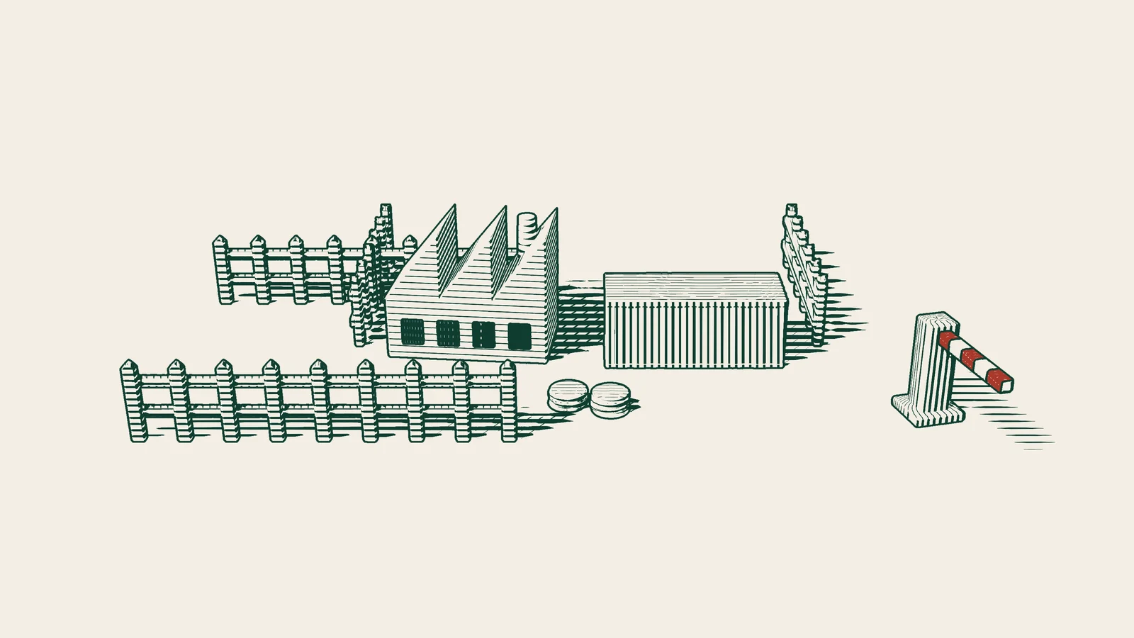 Engraving: a fenced area holding a factory, a shipping container and untouched stacks of coins, with a closed customs barrier outside it.