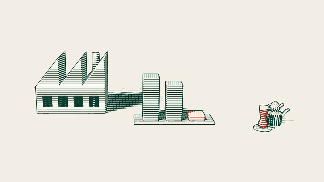 A bar chart beside a factory, in which the red bar for tax is much shorter than the others.