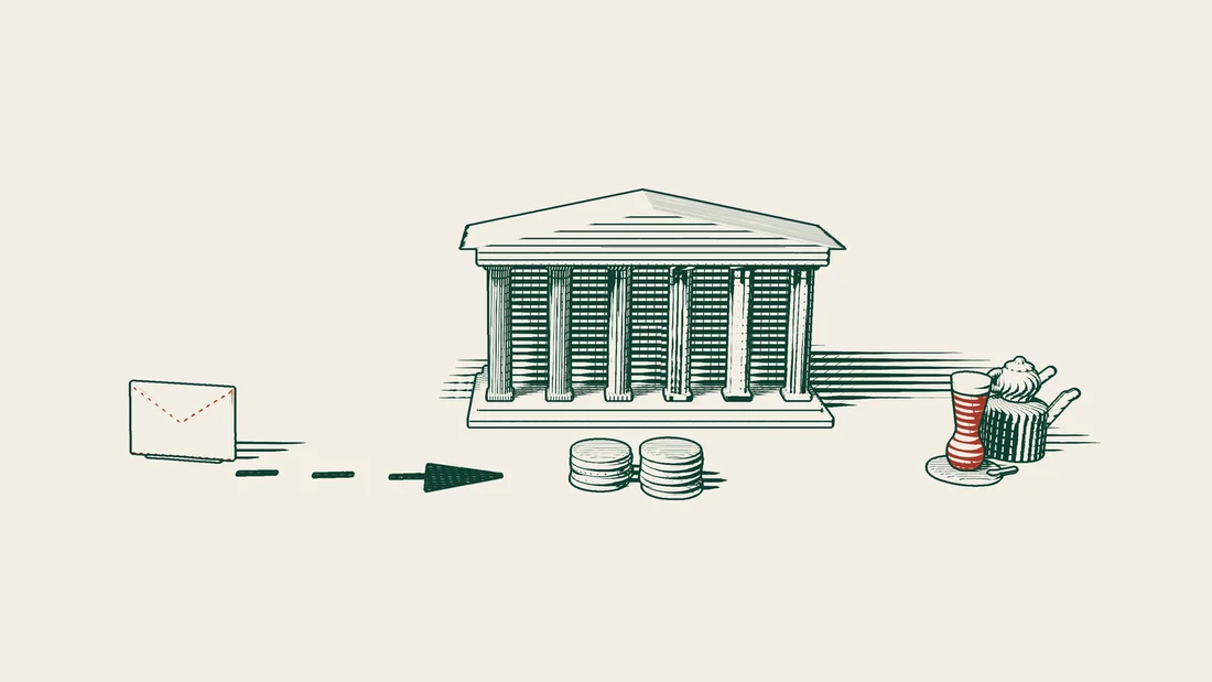 A red envelope reaches the stacks of coins standing in front of a columned bank building.