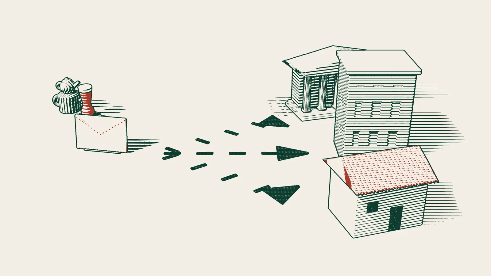 Engraving: three arrowed paths lead from a red envelope to a columned bank, a business building and a house, with a Turkish tea set beside them.