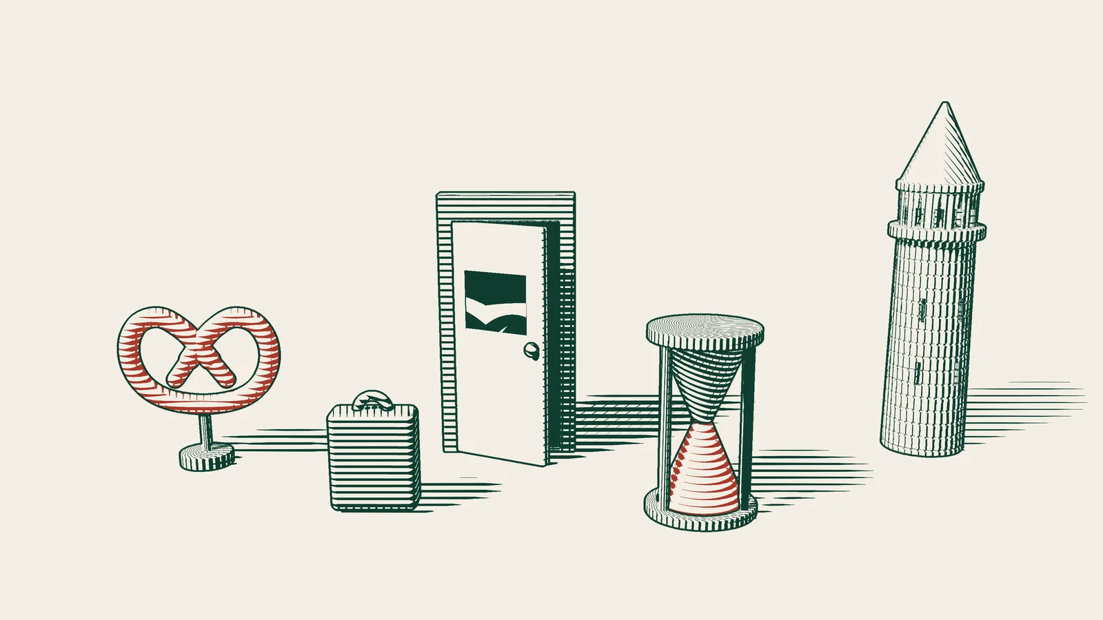 Engraving: a red pretzel, a suitcase waiting before a half-open dark door, an hourglass with red sand and an Istanbul stone tower.