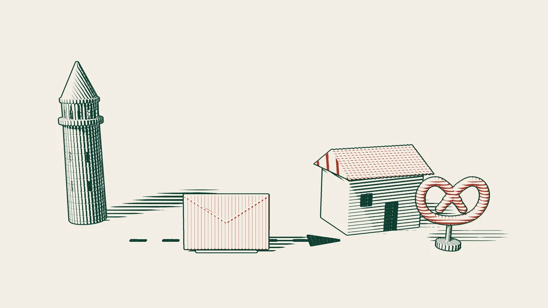A dashed path leads from an Istanbul stone tower past a sealed envelope to a tiled-roof house with a red pretzel beside it.