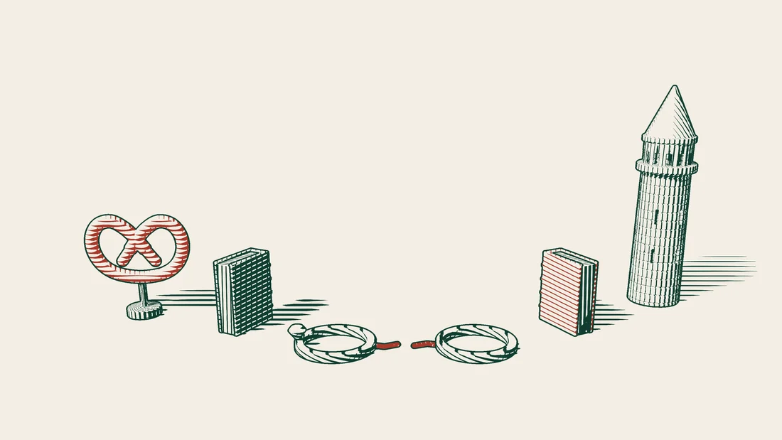 A red pretzel and a green-bound book on one side, an Istanbul stone tower and a red-bound book on the other, two separated rings and a broken red cord between them.