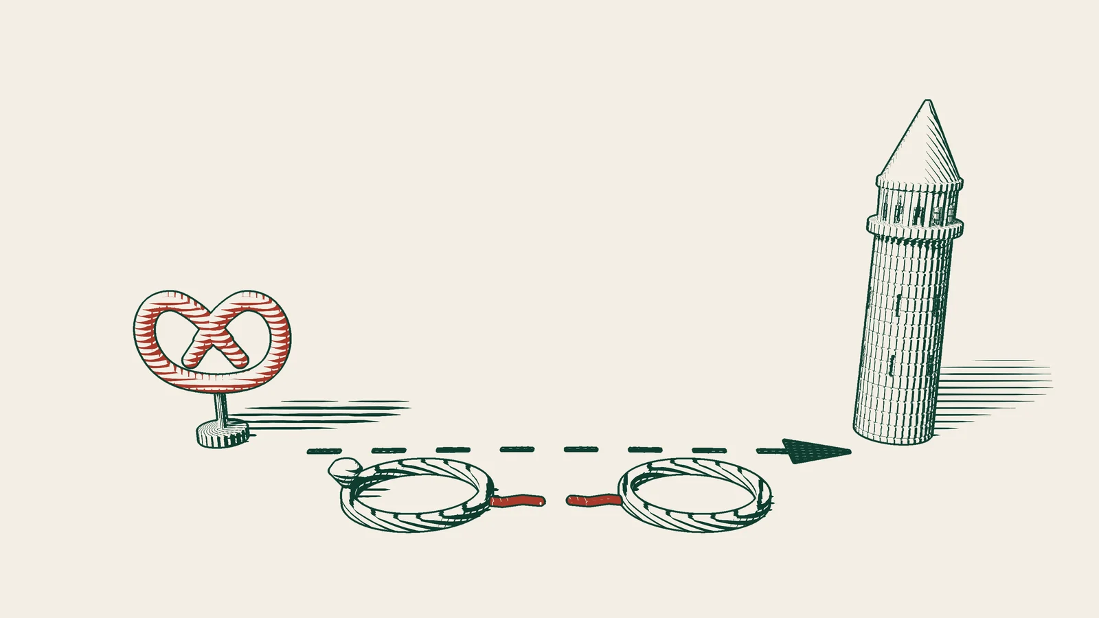 Engraving: two wedding rings set apart, one with a stone, a broken red cord between them, and a dashed arrow from a red pretzel to an Istanbul stone tower.
