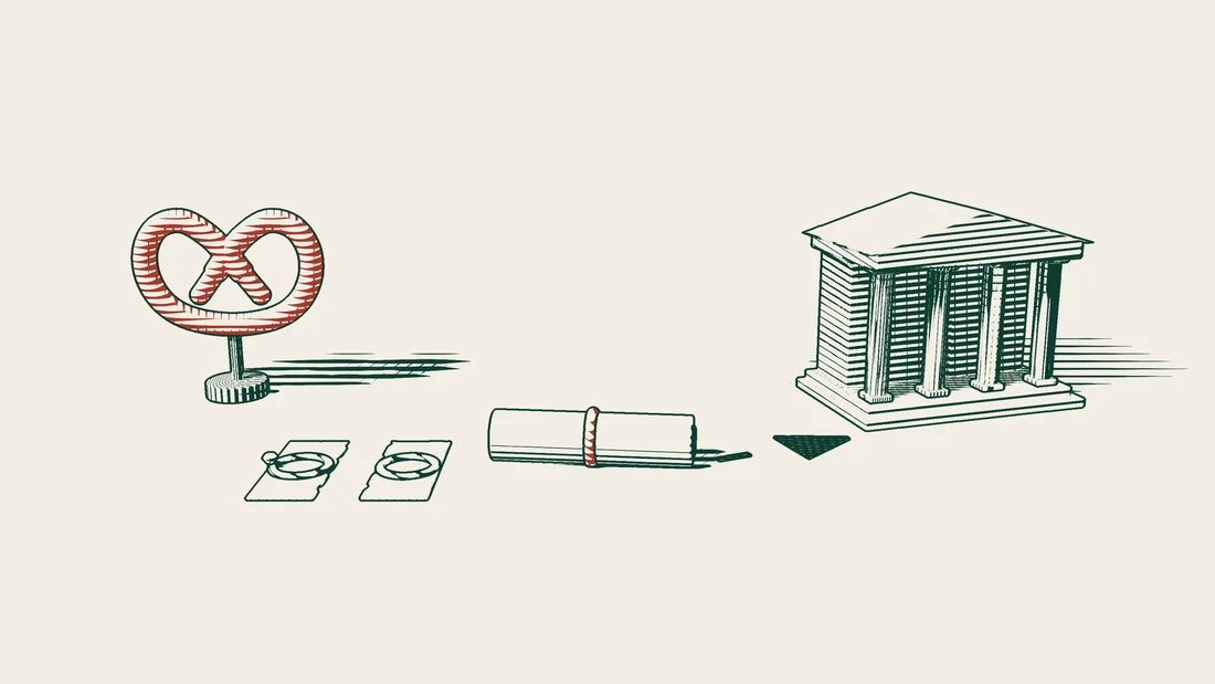 A torn blank page with a ring on each half and a ribboned document beside a red pretzel, a dashed arrow leading to a columned building.