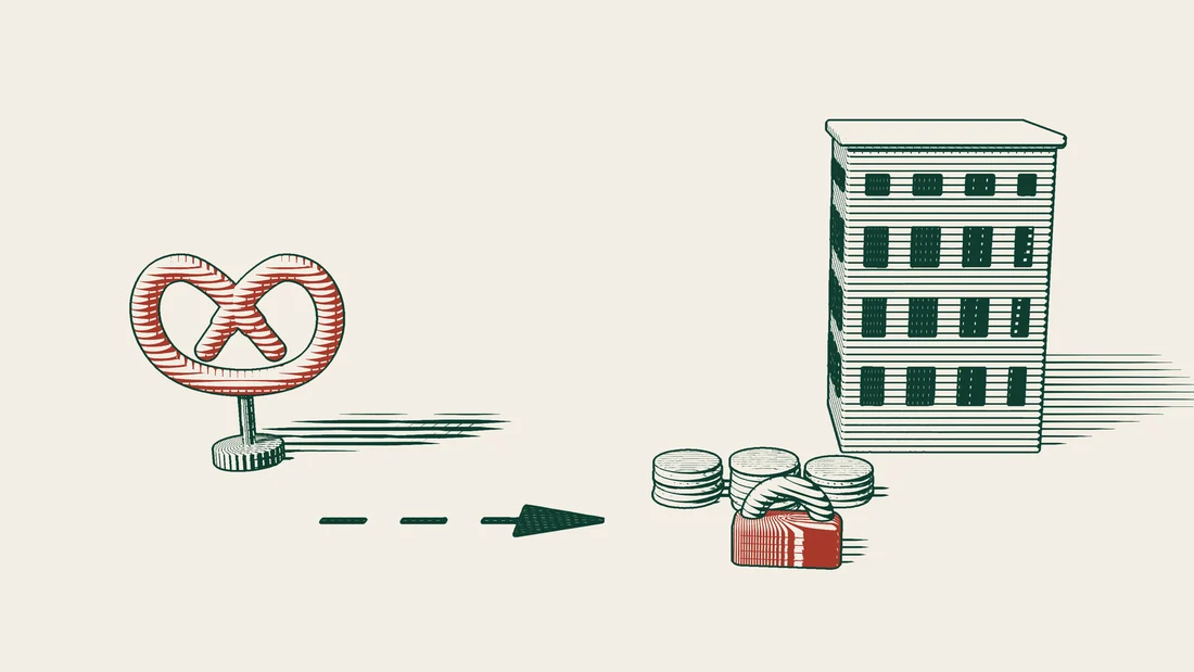 Stacks of coins with a large red padlock in front of an office building, a dashed arrow coming from a red pretzel on the left.