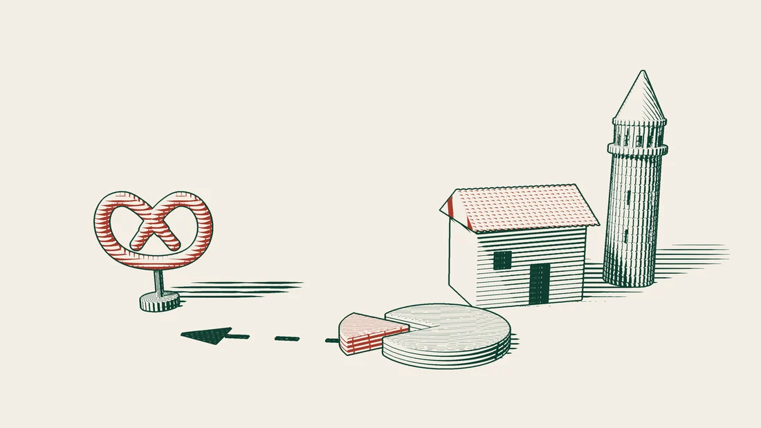 A tiled-roof house beside an Istanbul stone tower, with a disc in front whose red slice is drawn out and a dashed arrow leading from it to a red pretzel.