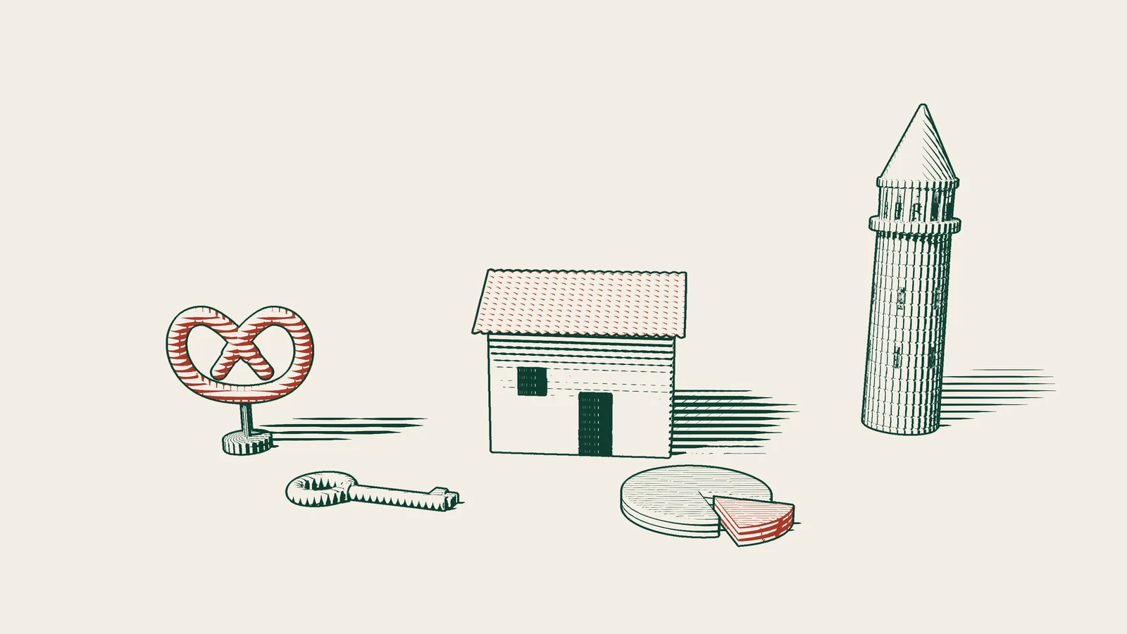 Engraving: a brass key and a disc with one slice drawn out in front of a tiled-roof house, a red pretzel on the left and an Istanbul stone tower on the right.
