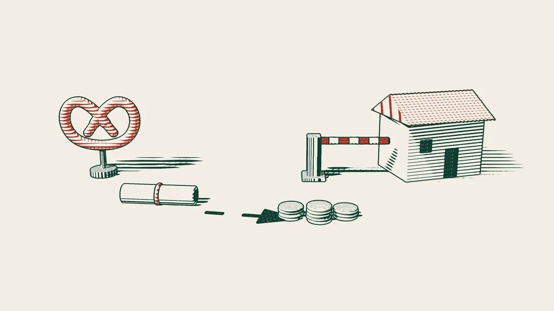 A ribboned document beside a red pretzel sends a dashed arrow to stacks of coins, while a closed barrier stands in front of a tiled-roof house.