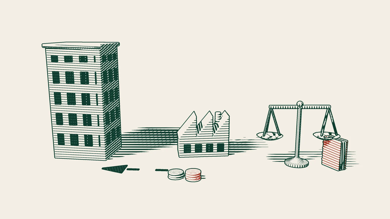 Engraving: red stacks of coins flow along an arrowed path from a small factory to a tall company building beside a scale and a red book.