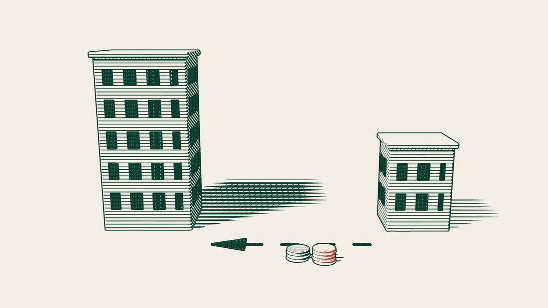 Red stacks of coins being carried from a small company building towards its parent company.