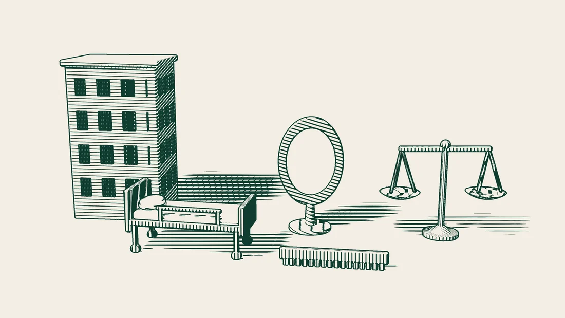A tall building with a hospital bed in front of it, a standing ring mirror, a large comb on the ground and a pair of scales on the right.