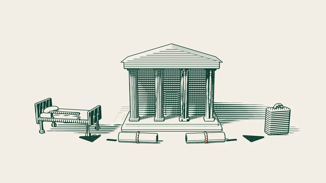 A columned building stands in the middle with a ribboned document on each side, and two arrowed paths lead to a hospital bed and a suitcase.