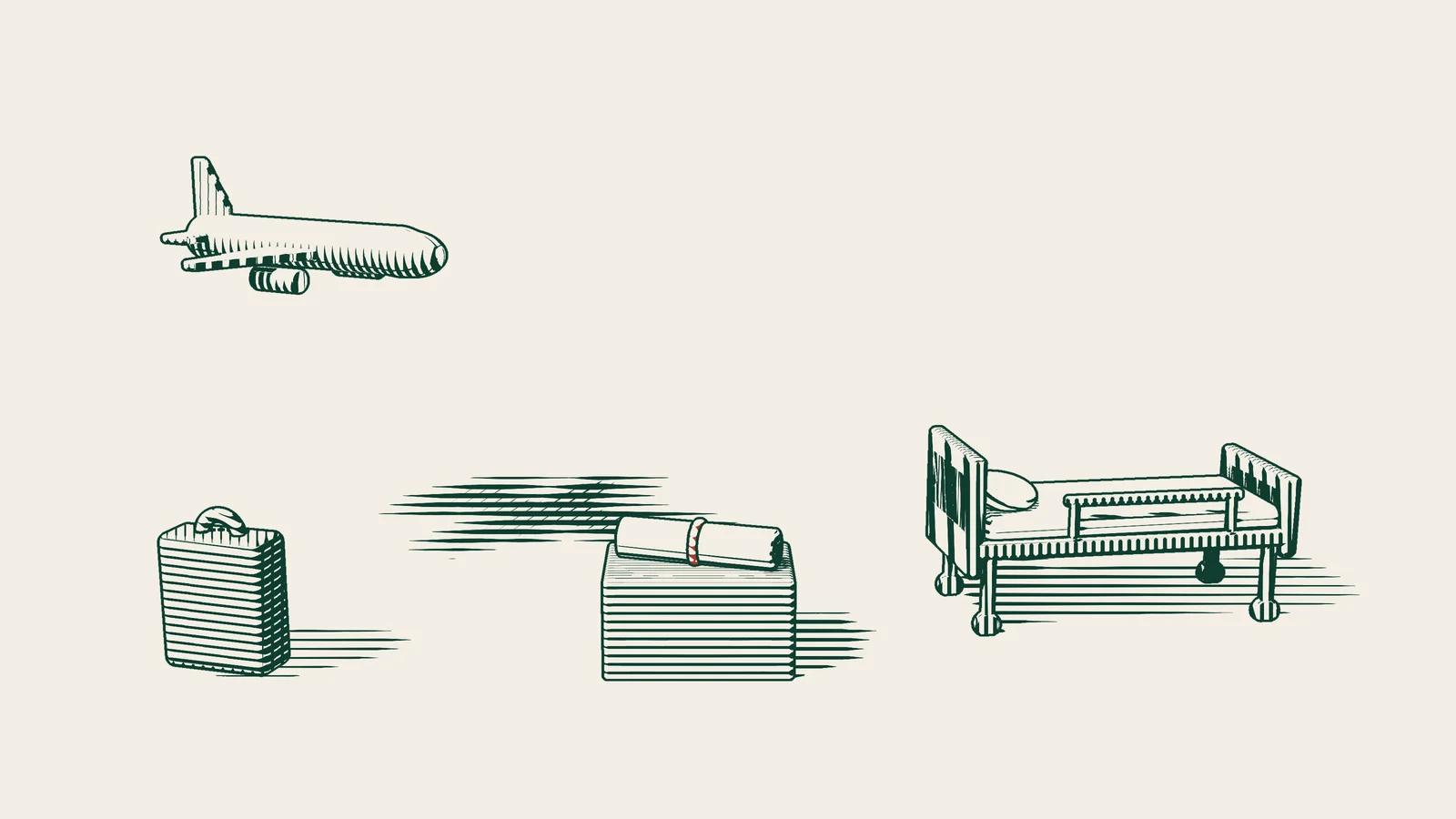 Engraving: a plane in the air with a suitcase below it, a small ribboned certificate on a stand in the middle and a hospital bed on the right.