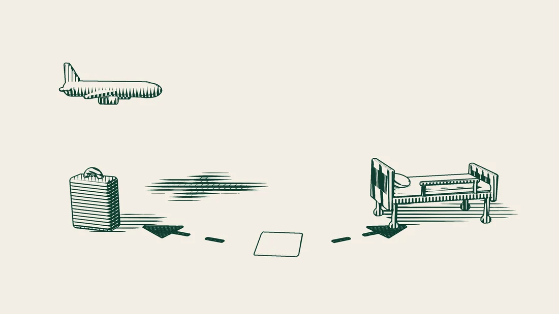 Two arrows lead from a central service paper, one to an airplane and a suitcase and the other to a hospital bed.
