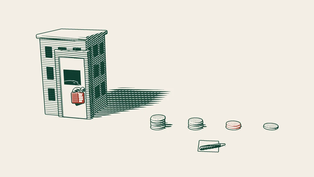 Columns of coins of different heights rise like steps before a locked company building, one of them red, with a blank sheet and a pen in front.