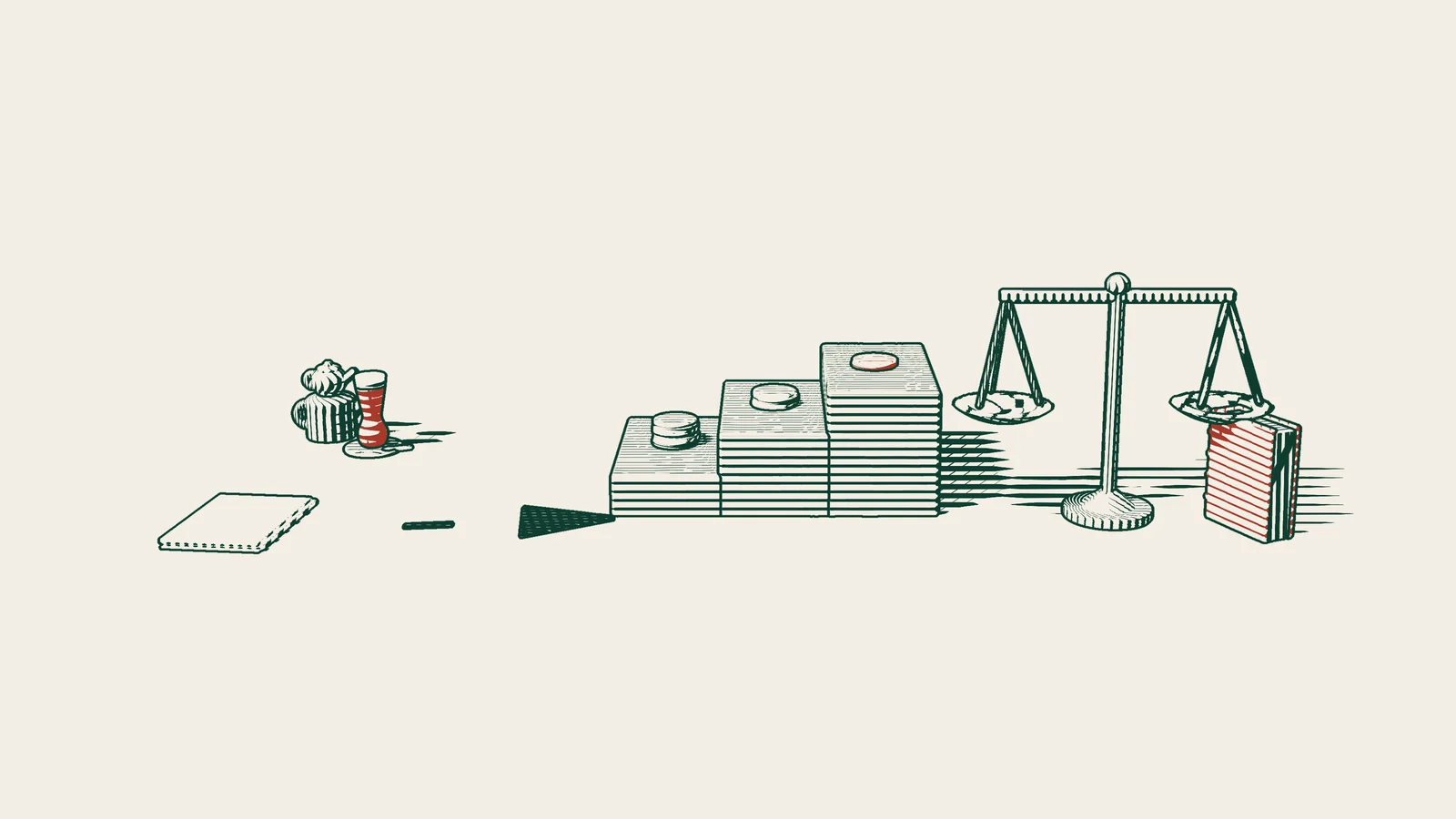 Engraving: blank claim papers following an arrowed path to a bankruptcy desk, beside shrinking coin stacks on steps, scales and a red-bound book.