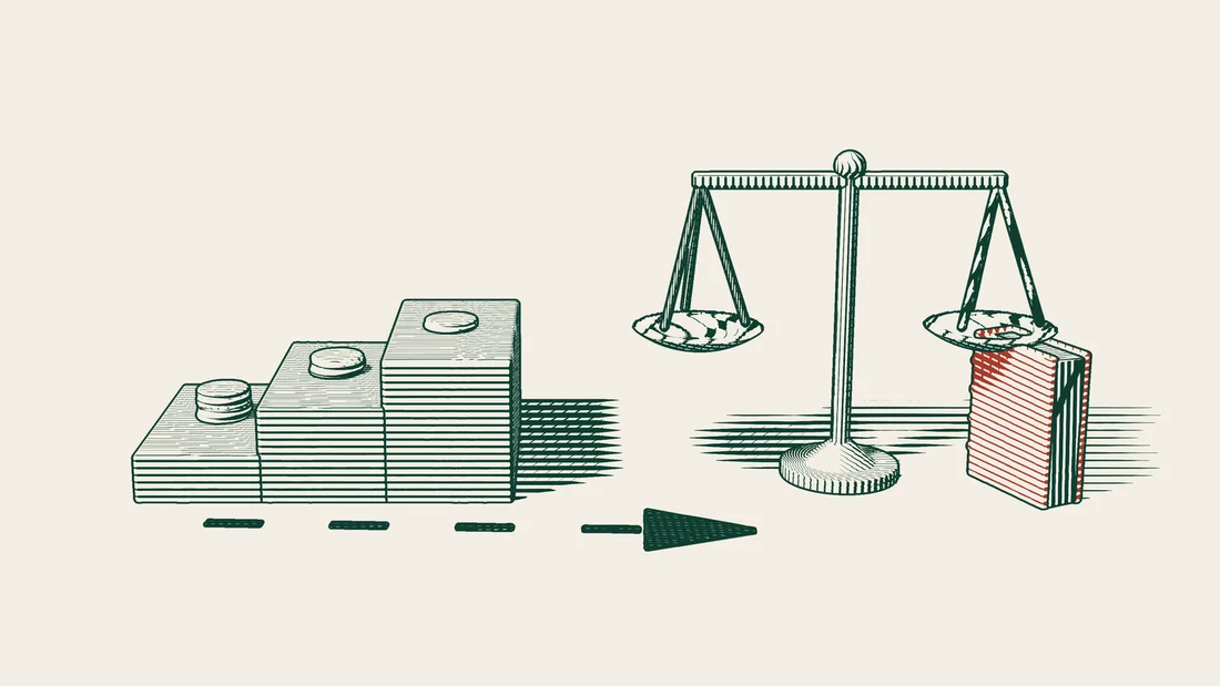 Stacks of coins on a flight of steps, with an arrow of objection running from the lowest stack to a set of scales.