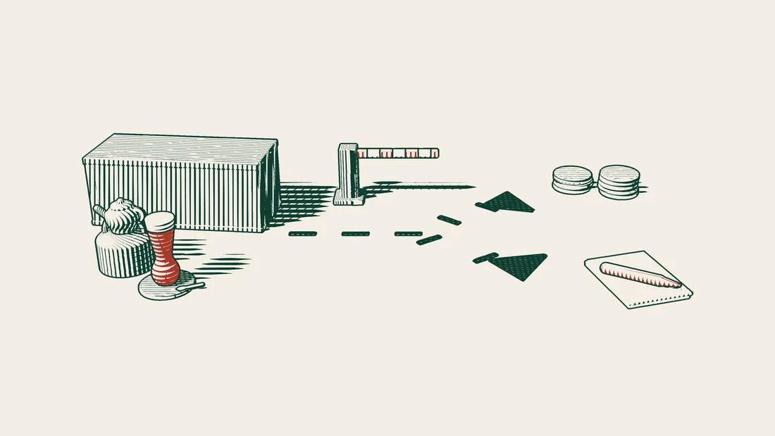 A dashed path leaves a shipping container, passes a boom barrier and splits in two: one branch ends at coin stacks, the other at a blank sheet with a pen.