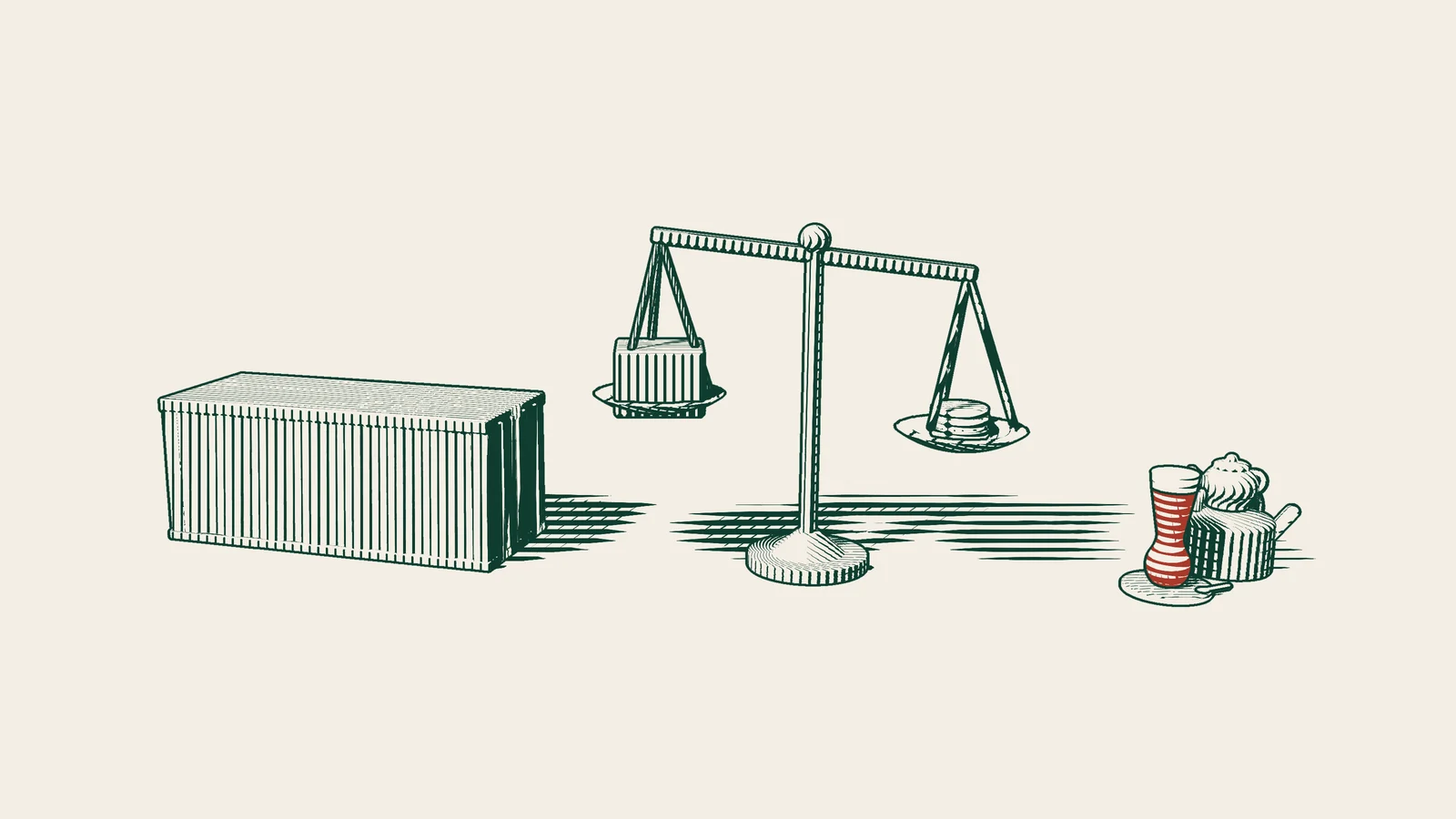 Engraving: a ribbed shipping container next to a pair of scales weighing a box against a coin stack, with a Turkish tea set to the right.