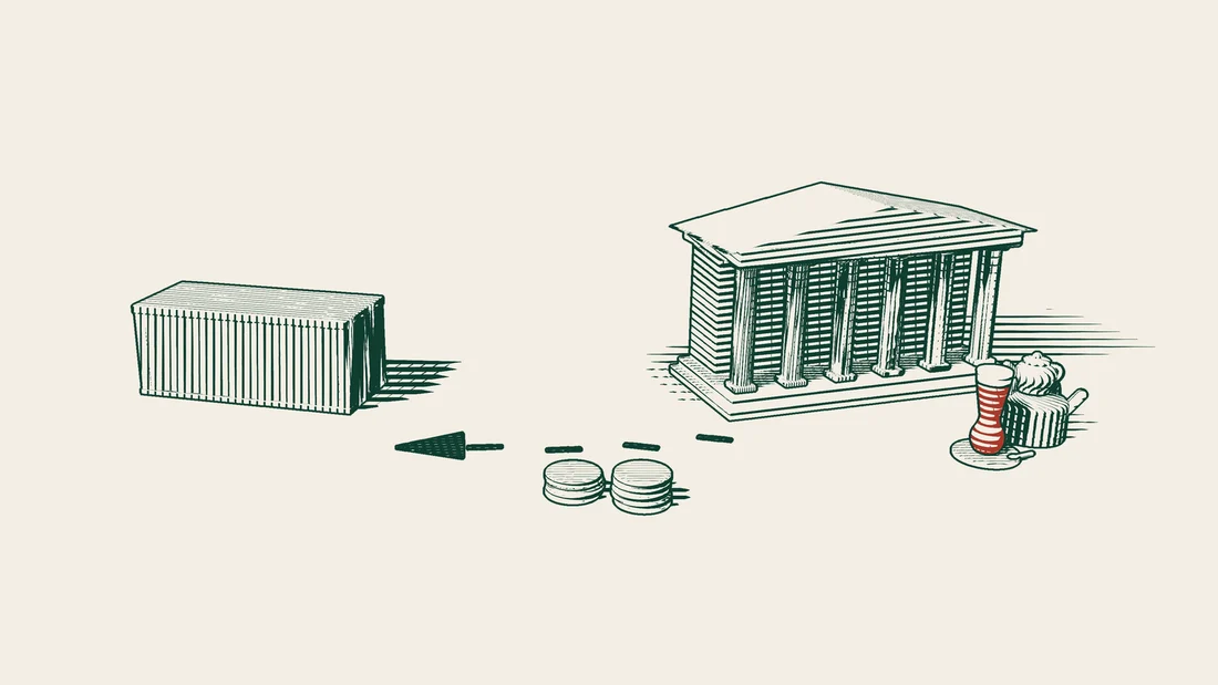 Coin stacks travel along a dashed arrow from a columned public building back to a shipping container.