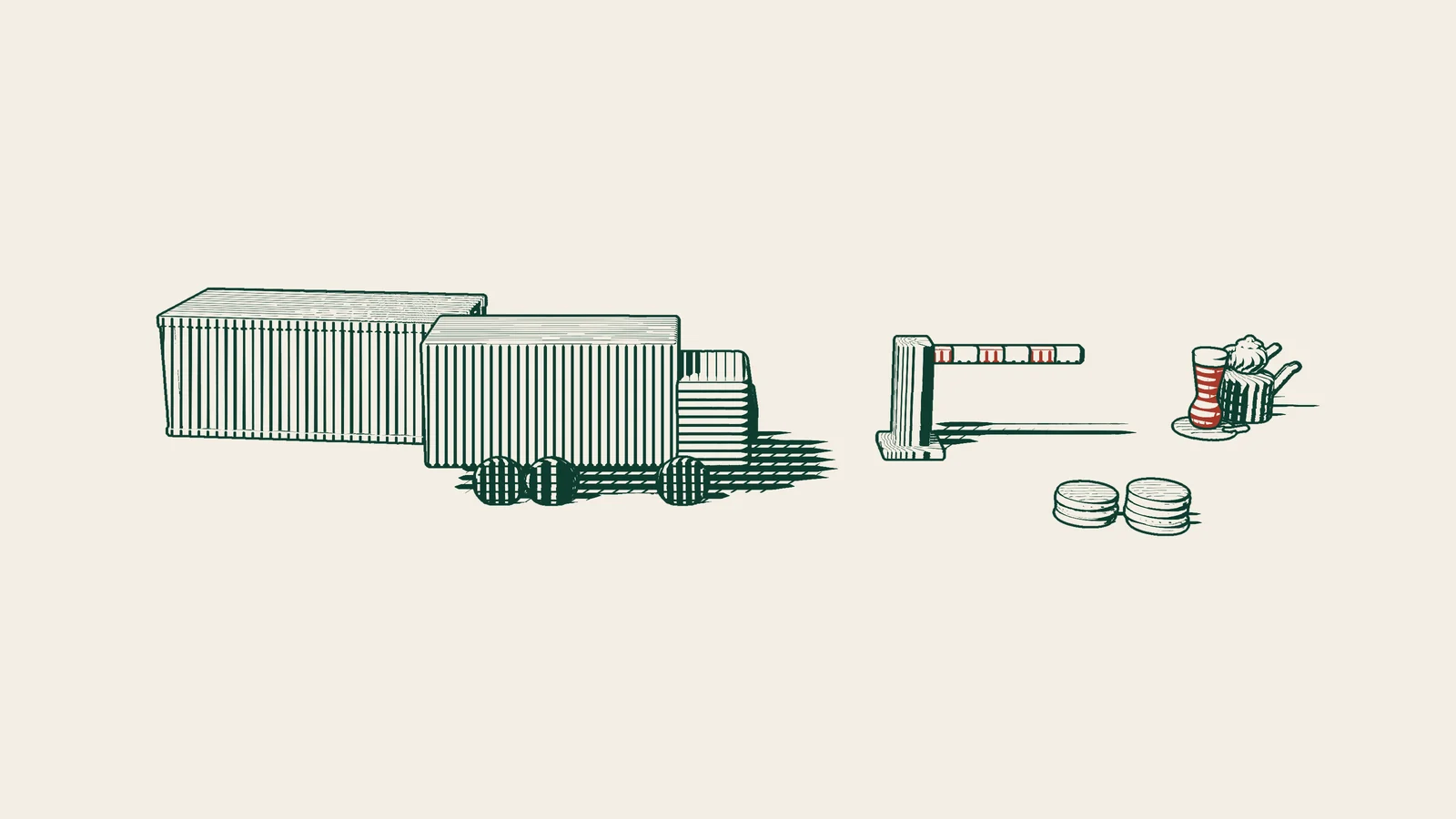 Engraving: a lorry with a shipping container approaching a checkpoint barrier, beside stacks of coins and a Turkish tea set.