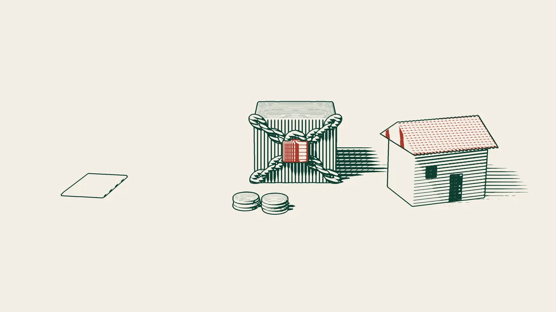 A single blank claim document beside a chest bound with chain and a red padlock, with stacks of coins and a small house in front.
