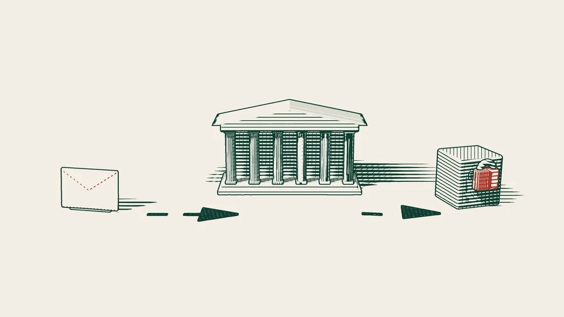 An arrowed path from a red envelope runs to a columned courthouse and on to a safe locked with a red lock.