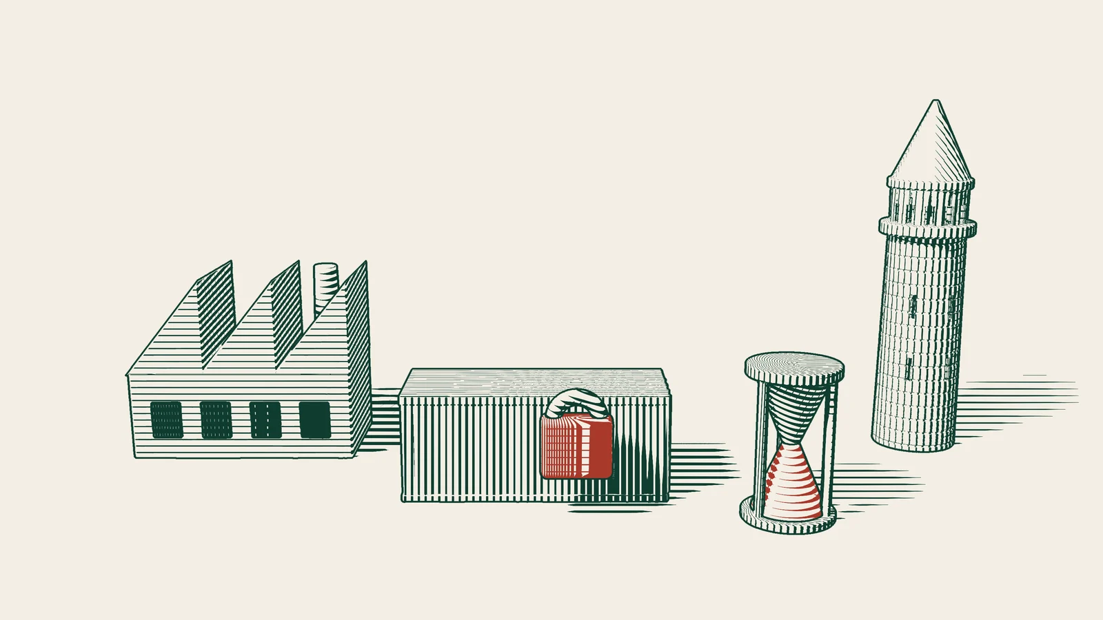 Engraving: a factory, a shipping container with a red padlock, an hourglass with red sand and an Istanbul stone tower.