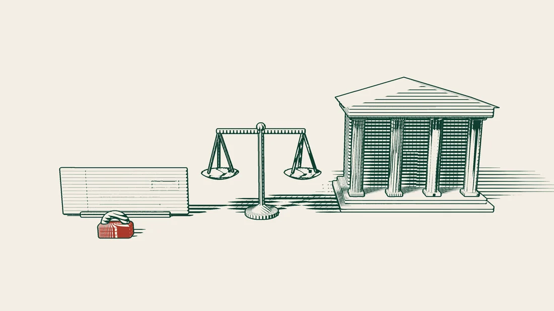 An upright blank slip of paper with a red padlock in front, a balance and a columned bank building.